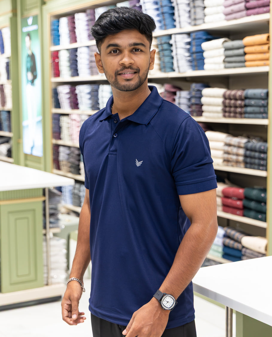 Navy Plain Cotton-Blended Polo T-Shirt Comes with Half Sleeves, a Slim Fit, Cuban Collar, and Regular Length