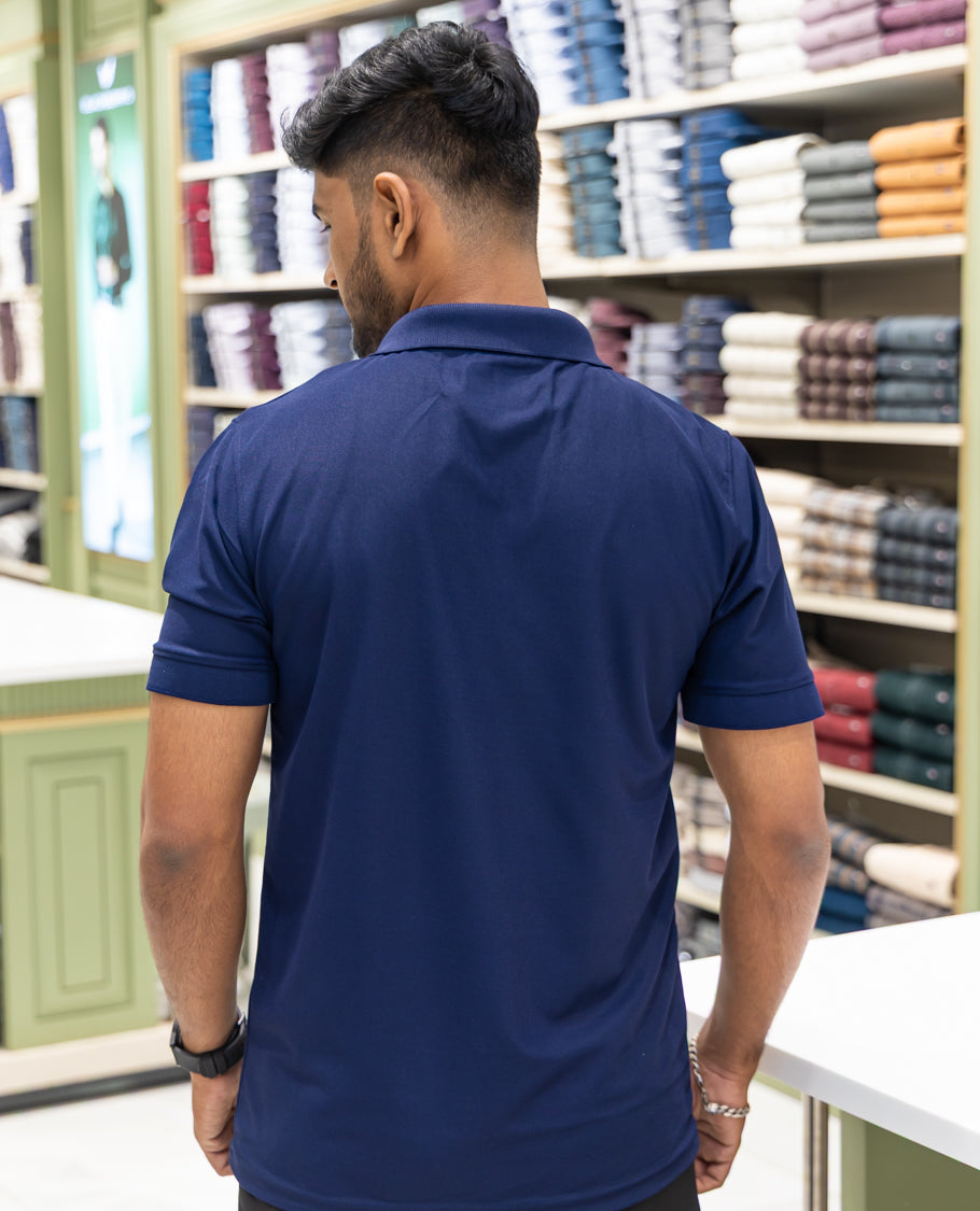 Navy Plain Cotton-Blended Polo T-Shirt Comes with Half Sleeves, a Slim Fit, Cuban Collar, and Regular Length