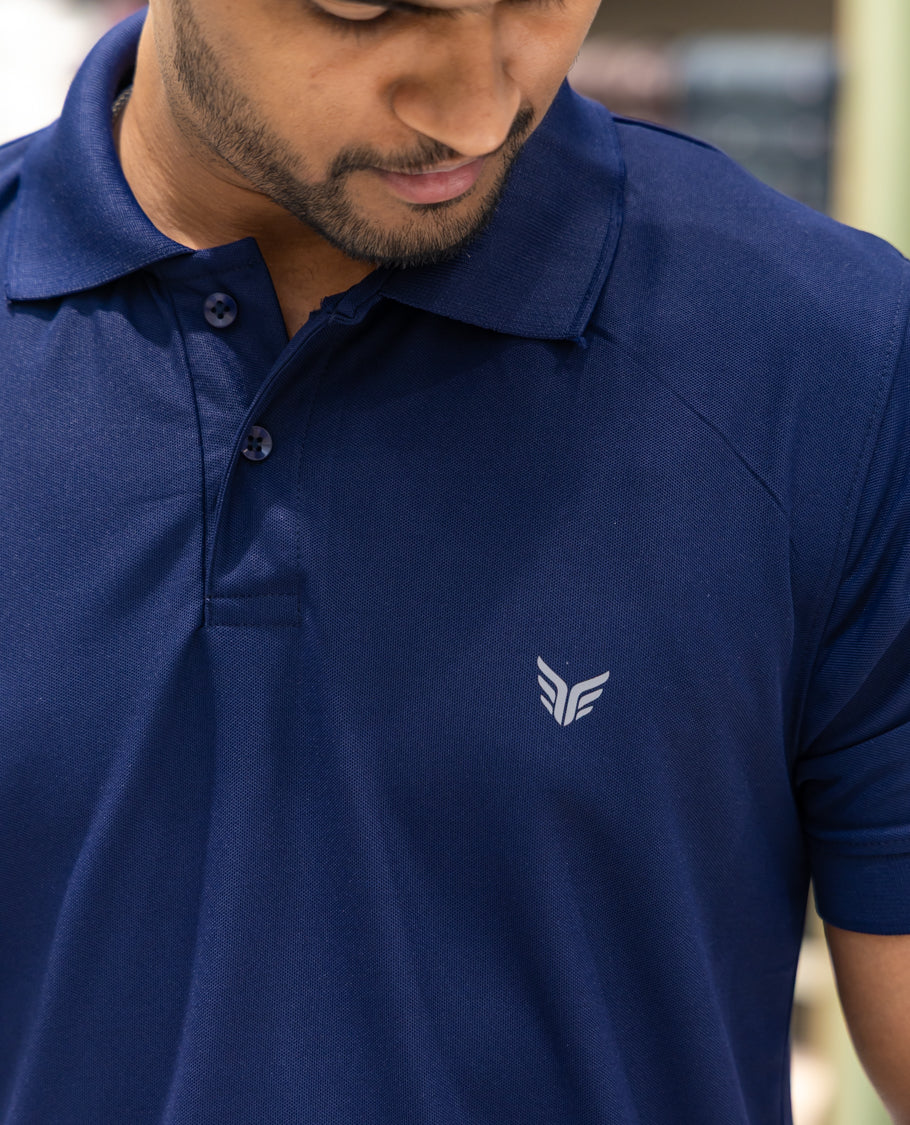 Navy Plain Cotton-Blended Polo T-Shirt Comes with Half Sleeves, a Slim Fit, Cuban Collar, and Regular Length