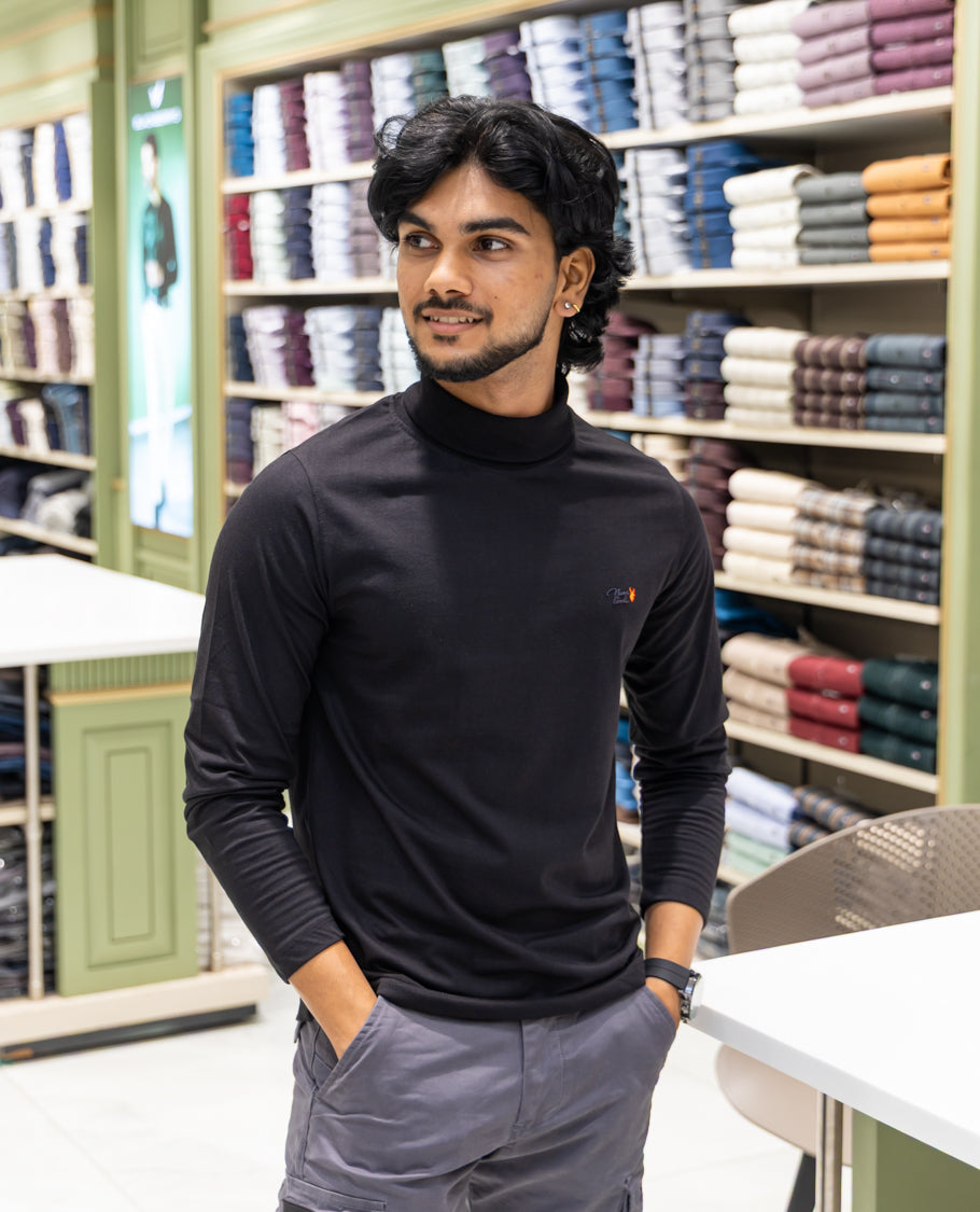 Black Plain Cotton-Blended Turtleneck T-Shirt Comes with Full Sleeves, a Slim Fit, and Regular Length