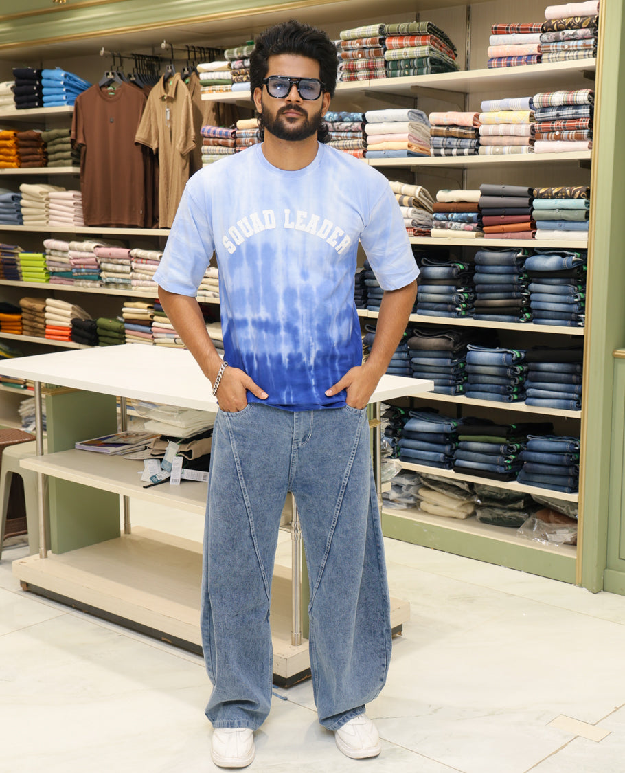 Light Blue Cotton-Blended T-shirt Features Tie-Dye Ombre Print, Half Sleeves, Round Neck, Slim Fit and Regular Length