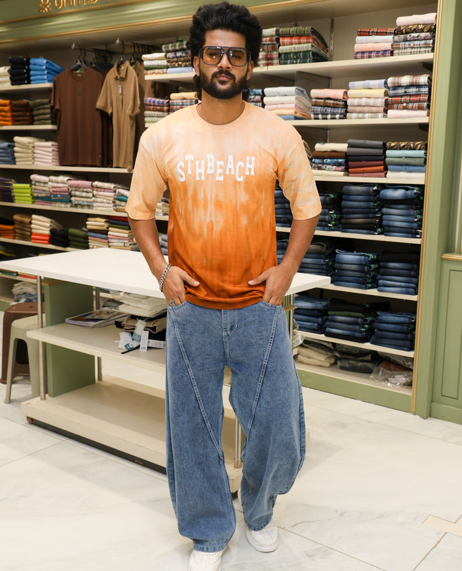 Orange Cotton-Blended T-shirt Features Tie-Dye Ombre Print, Half Sleeves, Round Neck, Slim Fit and Regular Length
