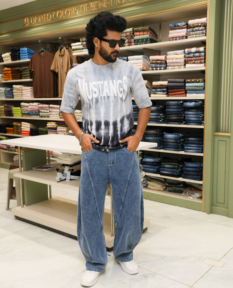 Grey Cotton-Blended T-shirt Features Tie-Dye Ombre Print, Half Sleeves, Round Neck, Slim Fit and Regular Length