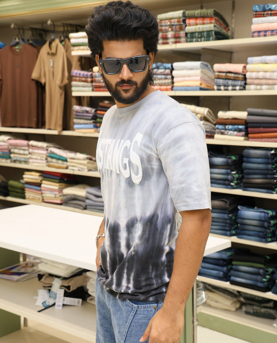 Grey Cotton-Blended T-shirt Features Tie-Dye Ombre Print, Half Sleeves, Round Neck, Slim Fit and Regular Length