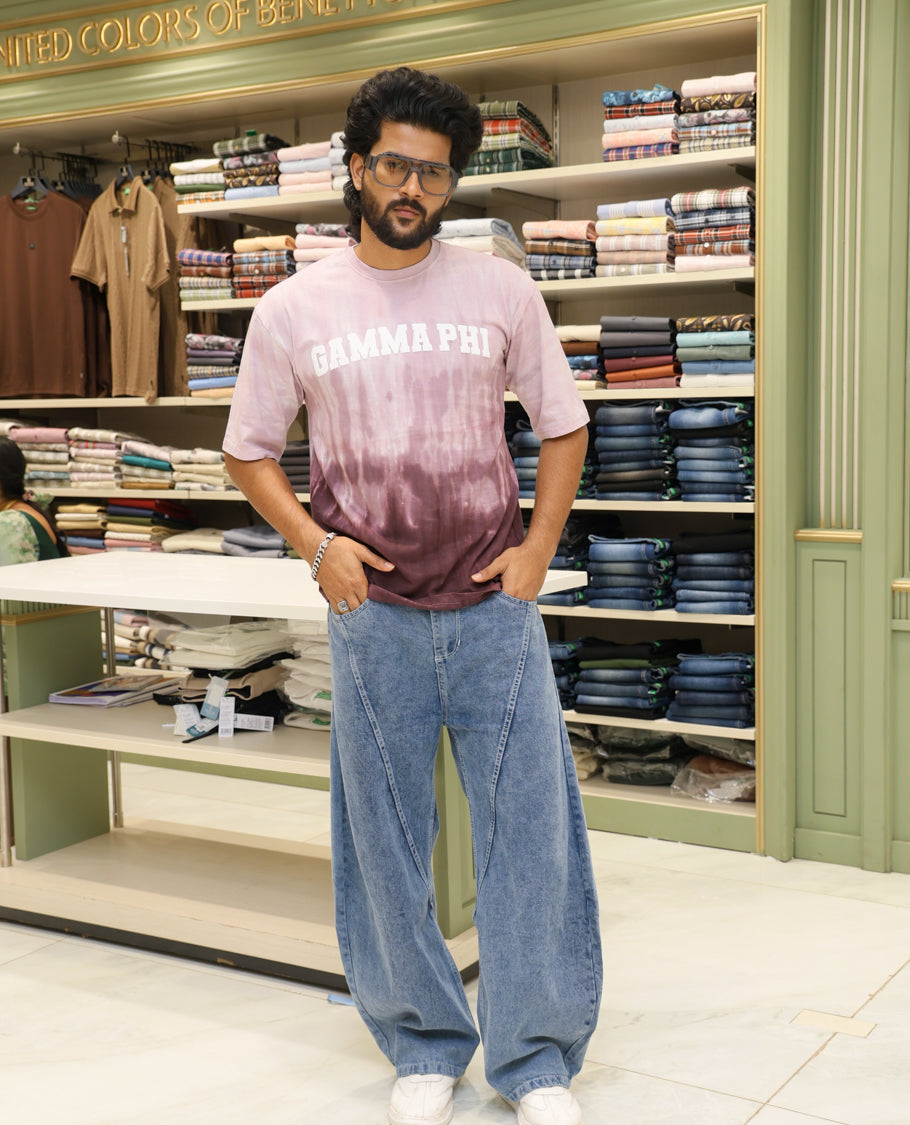 Pink Cotton-Blended T-shirt Features Tie-Dye Ombre Print, Half Sleeves, Round Neck, Slim Fit and Regular Length