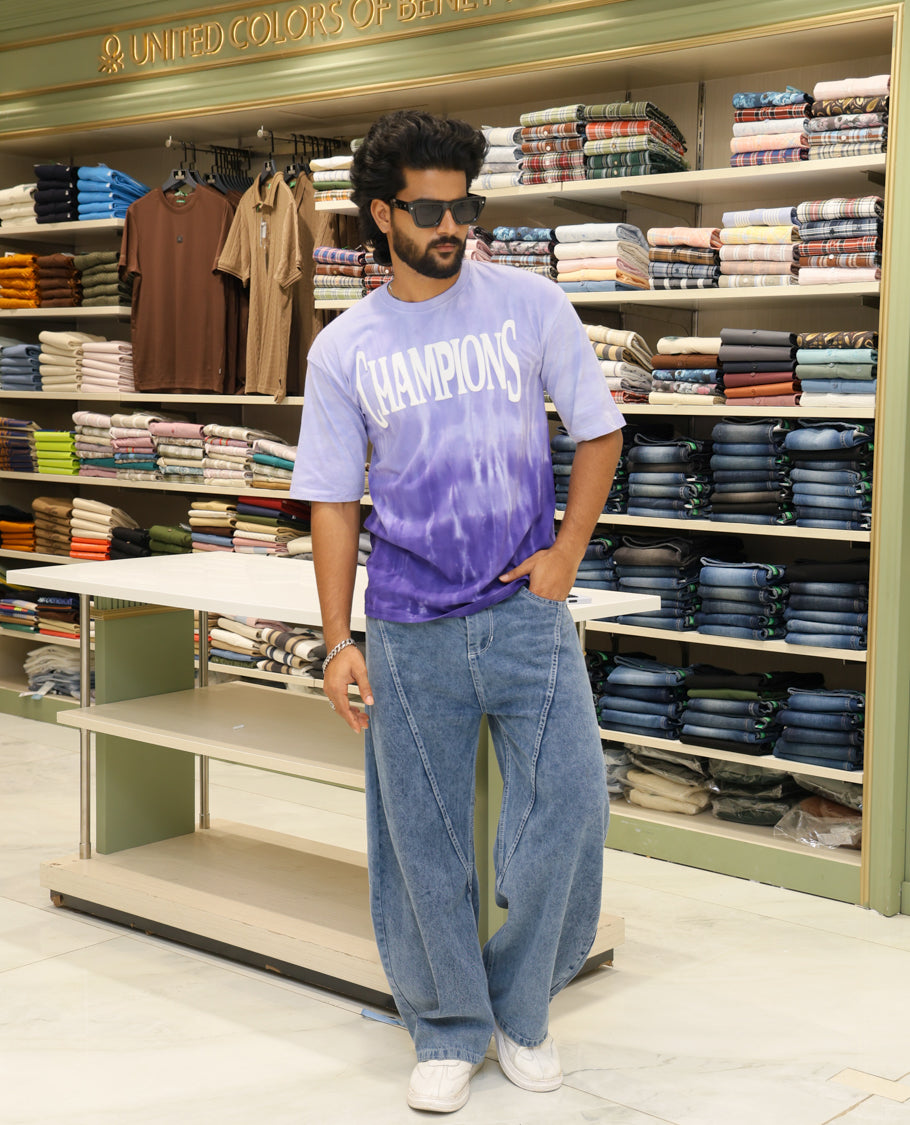Purple Cotton-Blended T-shirt Features Tie-Dye Ombre Print, Half Sleeves, Round Neck, Slim Fit and Regular Length