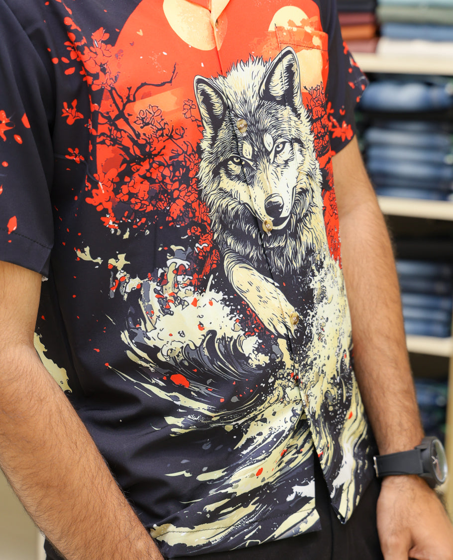 Multi-Color Poly-Blended Casual Shirt Comes with Japnese Human Figurine Print, Half-sleeve, Cuban Collar, Regular Fit and Regular Length