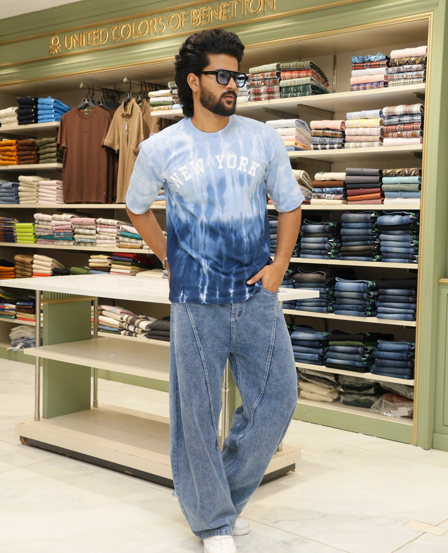 Sky Blue Cotton-Blended T-shirt Features Tie-Dye Ombre Print, Half Sleeves, Round Neck, Slim Fit and Regular Length