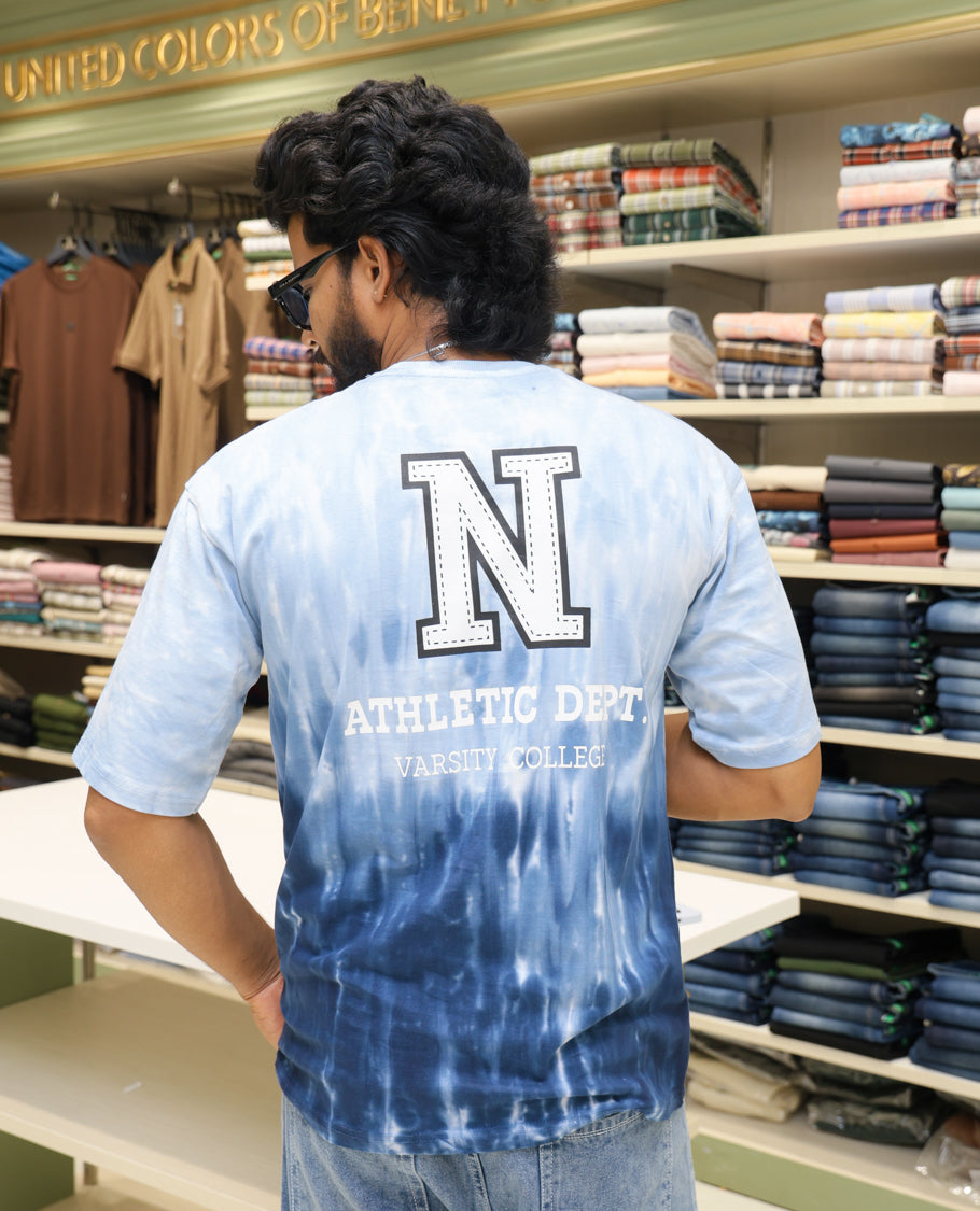 Sky Blue Cotton-Blended T-shirt Features Tie-Dye Ombre Print, Half Sleeves, Round Neck, Slim Fit and Regular Length