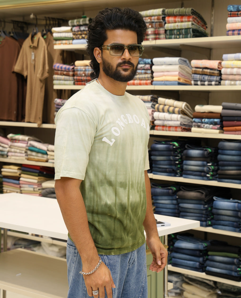 Light Green Cotton-Blended T-shirt Features Tie-Dye Ombre Print, Half Sleeves, Round Neck, Slim Fit and Regular Length