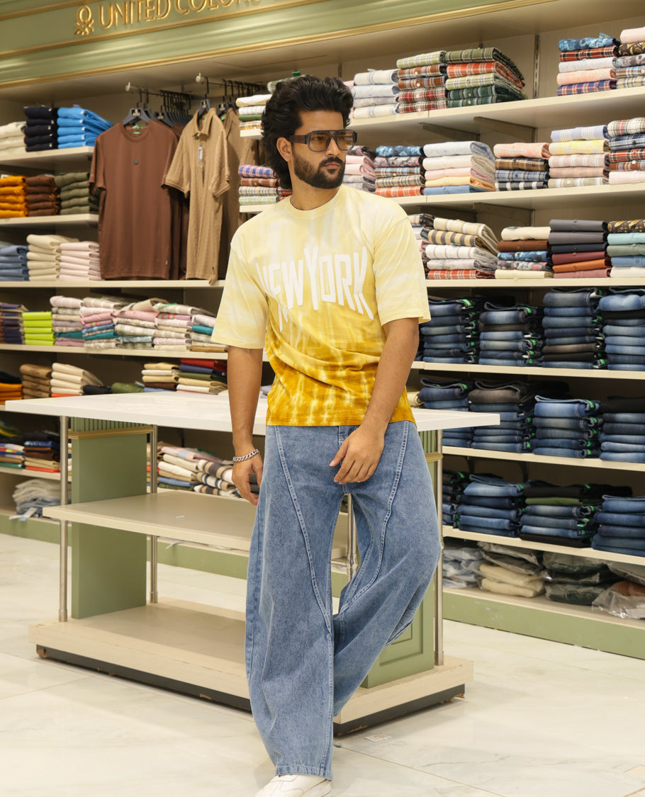 Yellow Cotton-Blended T-shirt Features Tie-Dye Ombre Print, Half Sleeves, Round Neck, Slim Fit and Regular Length