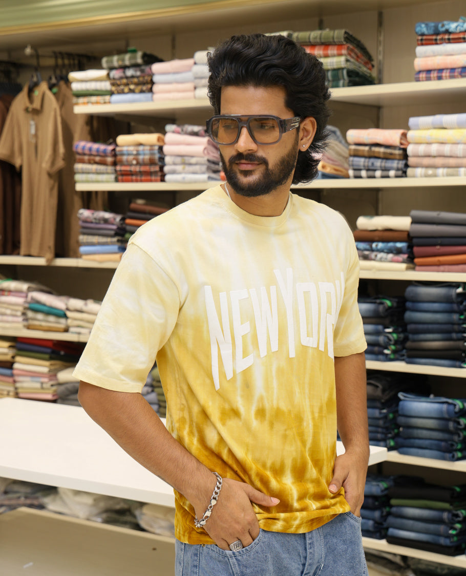 Yellow Cotton-Blended T-shirt Features Tie-Dye Ombre Print, Half Sleeves, Round Neck, Slim Fit and Regular Length