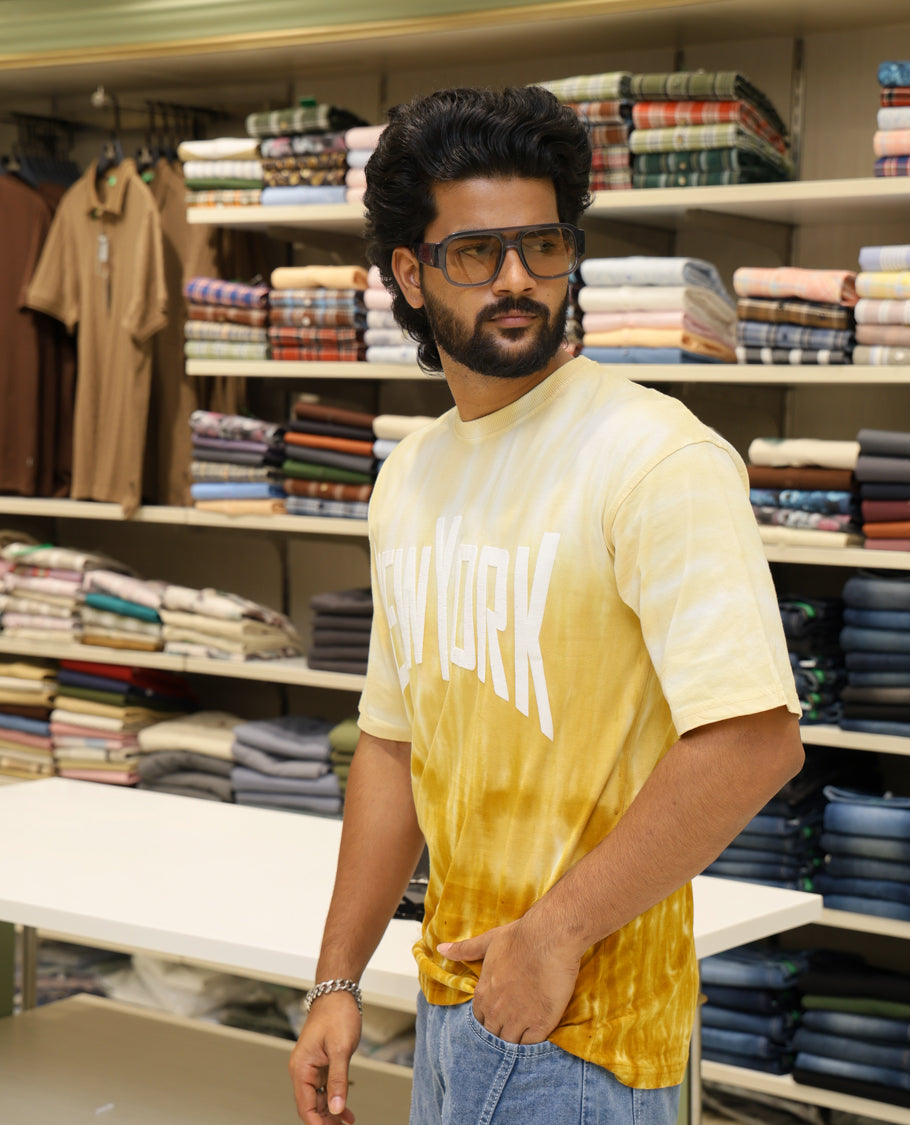 Yellow Cotton-Blended T-shirt Features Tie-Dye Ombre Print, Half Sleeves, Round Neck, Slim Fit and Regular Length