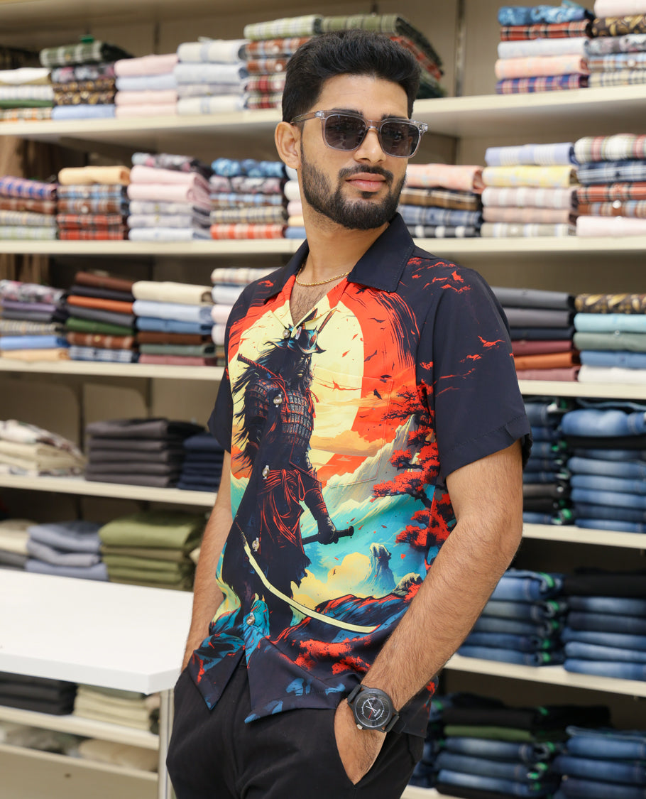 Multi-Color Poly-Blended Casual Shirt Comes with Vibrant Wolf Print, Half-sleeve, Cuban Collar, Regular Fit and Regular Length