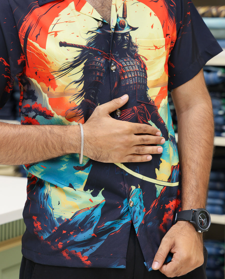 Multi-Color Poly-Blended Casual Shirt Comes with Vibrant Wolf Print, Half-sleeve, Cuban Collar, Regular Fit and Regular Length