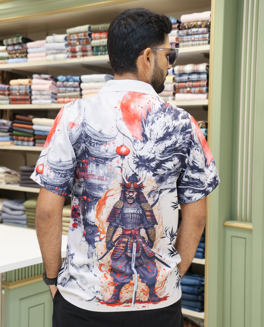 Multi-Color Poly-Blended Casual Shirt Features Wolf Print, Half-sleeve, Cuban Collar, Regular Fit and Regular Length