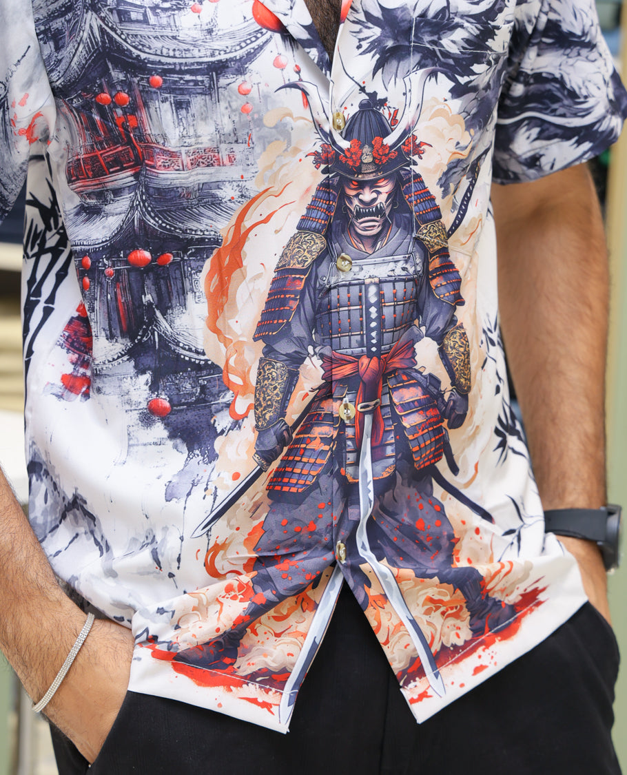 Multi-Color Poly-Blended Casual Shirt Features Wolf Print, Half-sleeve, Cuban Collar, Regular Fit and Regular Length