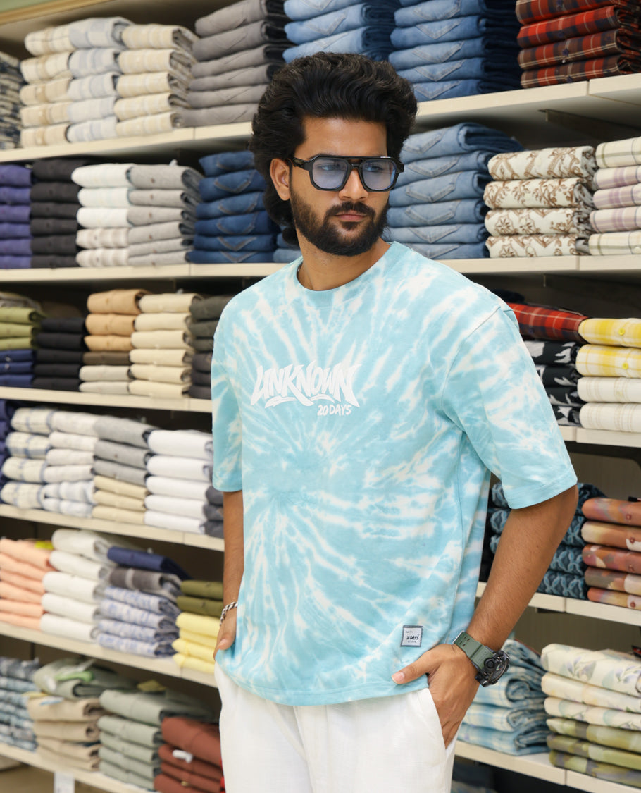 Teal Cotton-Blended T-shirt Features Shibori Print, Typography Print on Chest, Half Sleeves, Round Neck, Slim Fit and Regular Length
