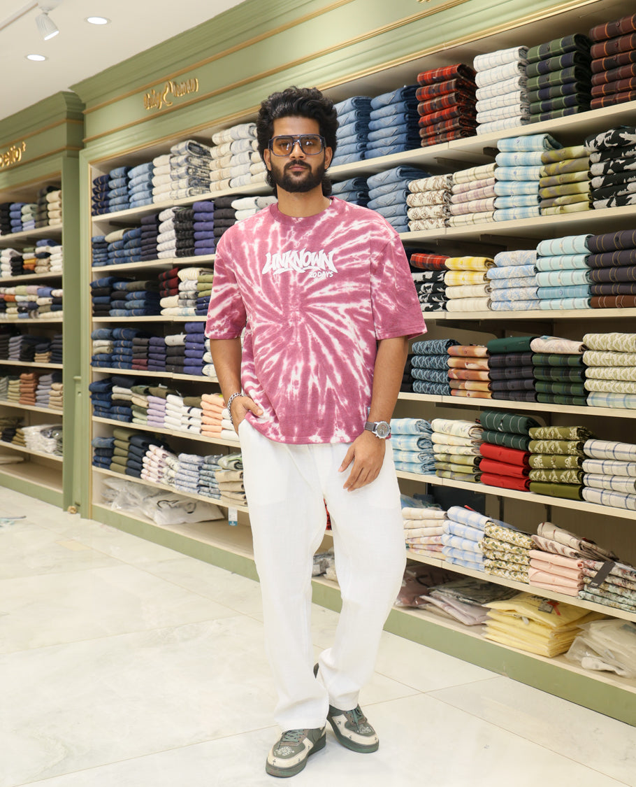 Magenta Cotton-Blended T-shirt Features Shibori Print, Typography Print on Chest, Half Sleeves, Round Neck, Slim Fit and Regular Length