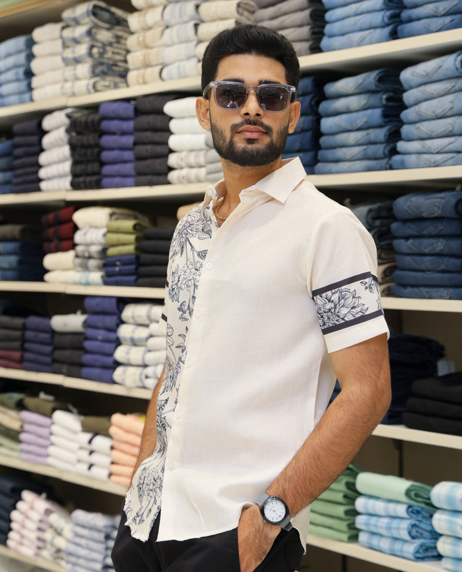 Cream Cotton-Blended Casual Shirt Features Half-and-Half Floral Print, Half-Sleeves, a Spread Collar, Regular Fit and Regular Length