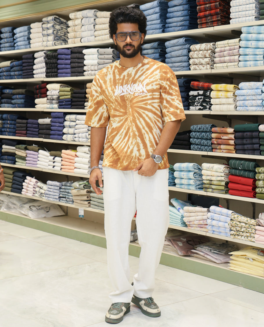 Brown Cotton-Blended T-shirt Features Shibori Print, Typography Print on Chest, Half Sleeves, Round Neck, Slim Fit and Regular Length