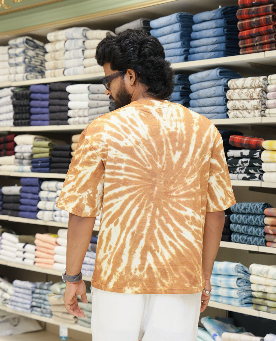 Brown Cotton-Blended T-shirt Features Shibori Print, Typography Print on Chest, Half Sleeves, Round Neck, Slim Fit and Regular Length