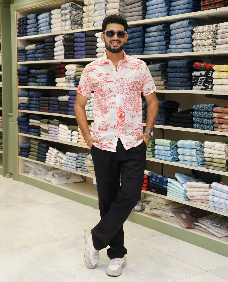 White Cotton-Blended Casual Shirt Features Abstract Print, Half-Sleeves, a Spread Collar, Regular Fit and Regular Length