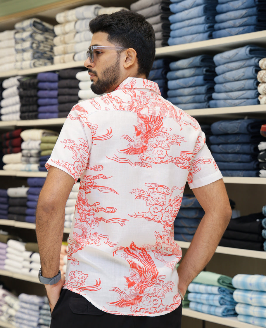 White Cotton-Blended Casual Shirt Features Abstract Print, Half-Sleeves, a Spread Collar, Regular Fit and Regular Length