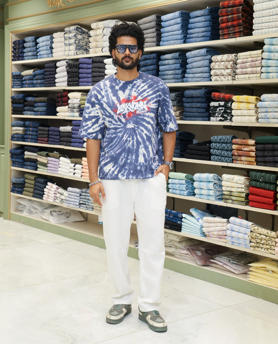 Dark Blue Cotton-Blended T-shirt Features Shibori Print, Typography Print on Chest, Half Sleeves, Round Neck, Slim Fit and Regular Length