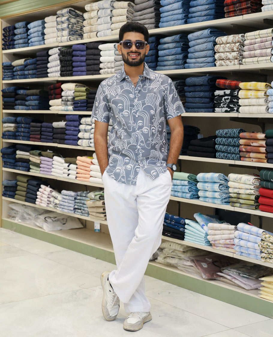 Grey Cotton-Blended Casual Shirt Features Human Faces Print, Half-Sleeves, a Spread Collar, Regular Fit and Regular Length
