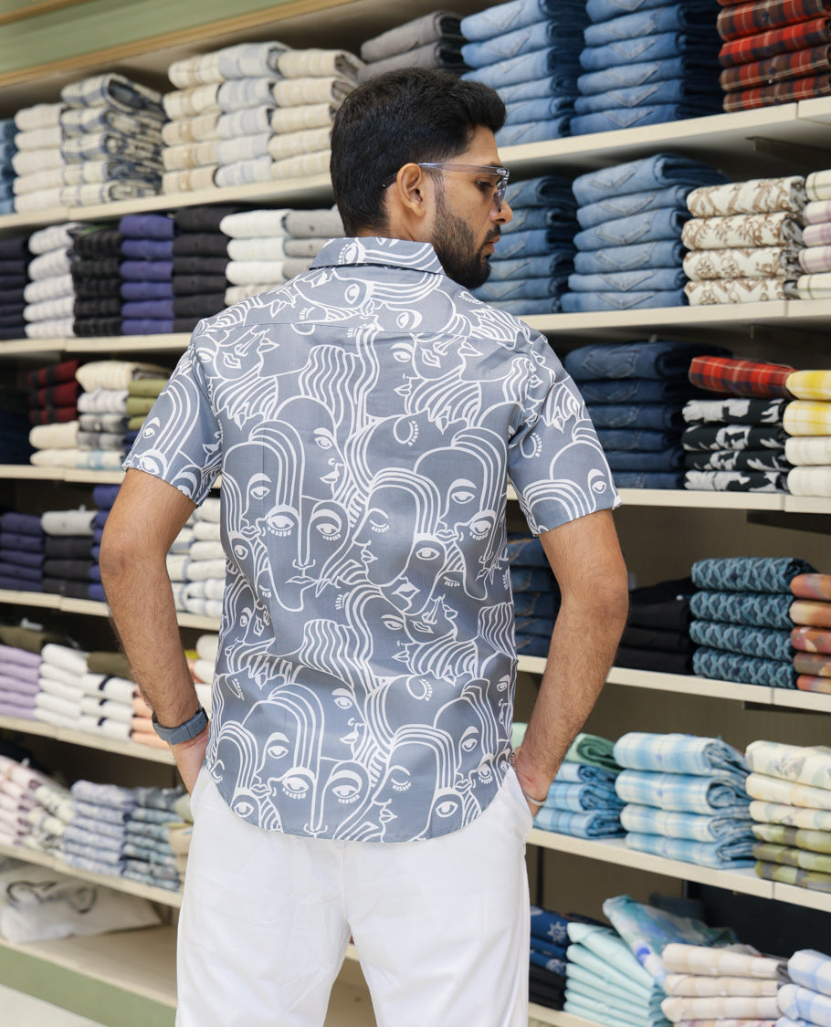 Grey Cotton-Blended Casual Shirt Features Human Faces Print, Half-Sleeves, a Spread Collar, Regular Fit and Regular Length