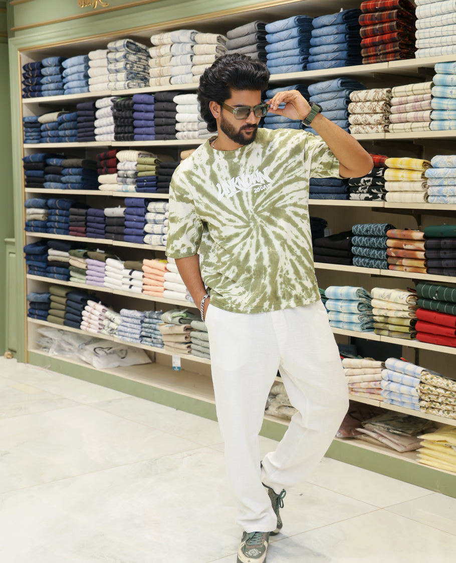 Green Cotton-Blended T-shirt Features Shibori Print, Typography Print on Chest, Half Sleeves, Round Neck, Slim Fit and Regular Length