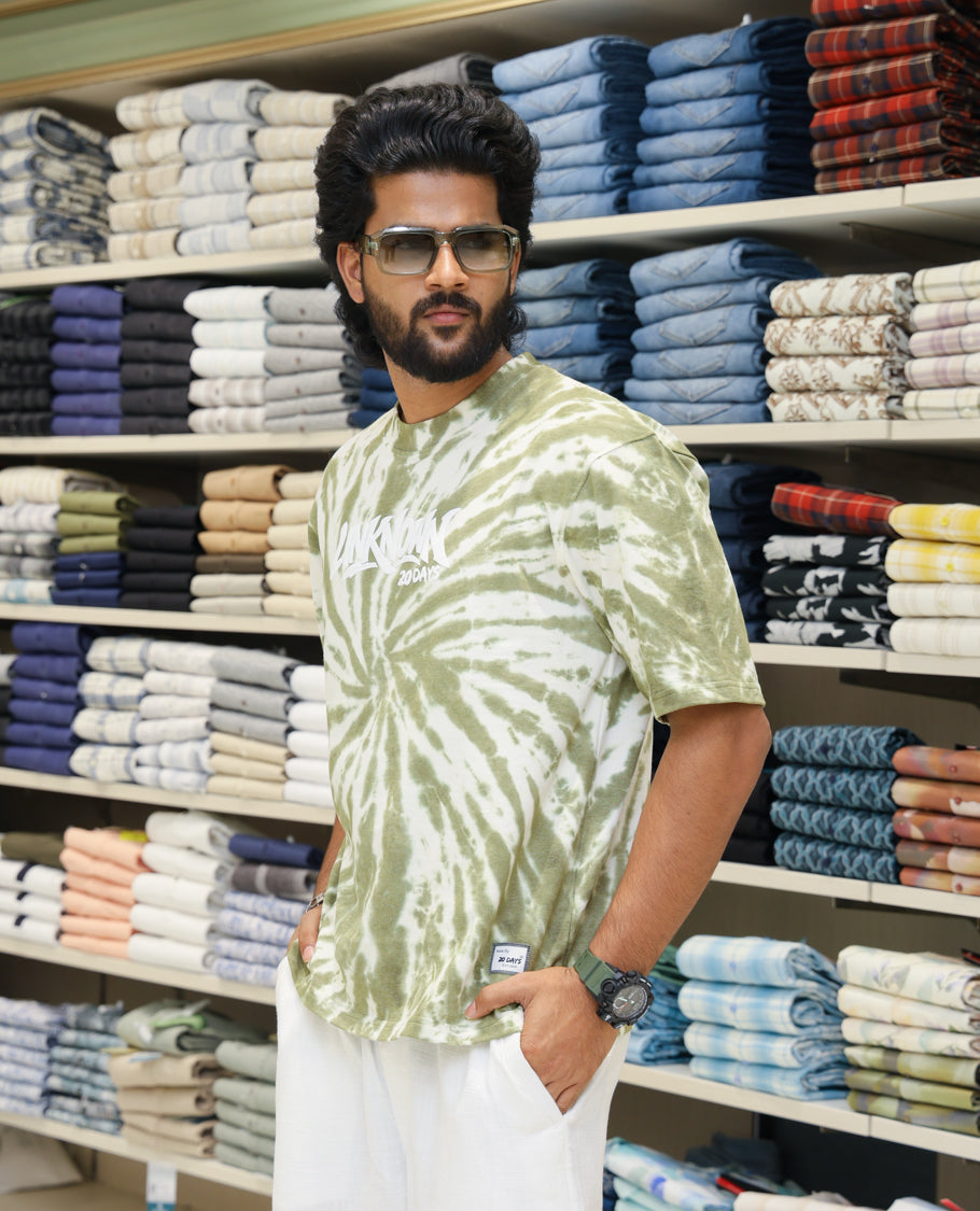 Green Cotton-Blended T-shirt Features Shibori Print, Typography Print on Chest, Half Sleeves, Round Neck, Slim Fit and Regular Length