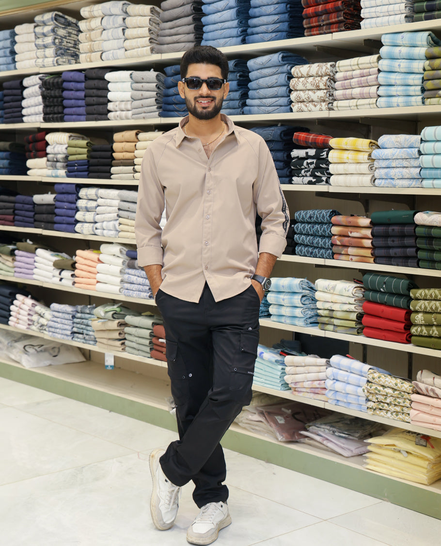 Beige Cotton-Blended Casual Shirt Features Back Print, Full Sleeves, Spread Collar, Regular Fit and Regular Length