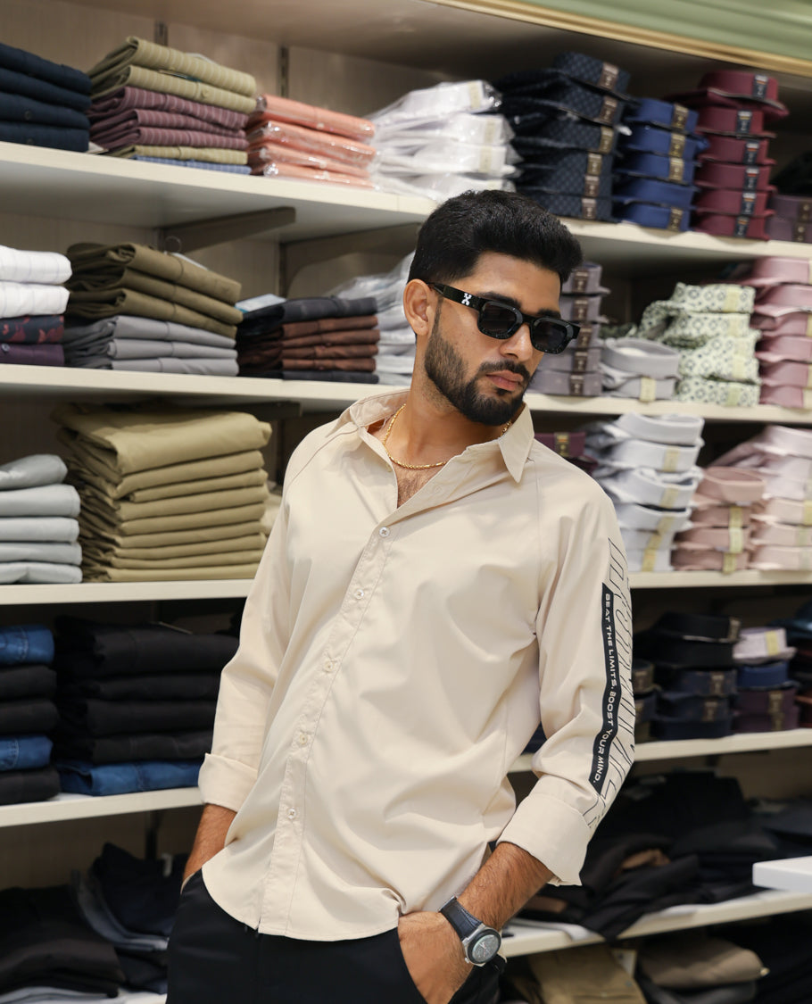 Cream Cotton-Blended Casual Shirt Features Back Print, Full Sleeves, Spread Collar, Regular Fit and Regular Length