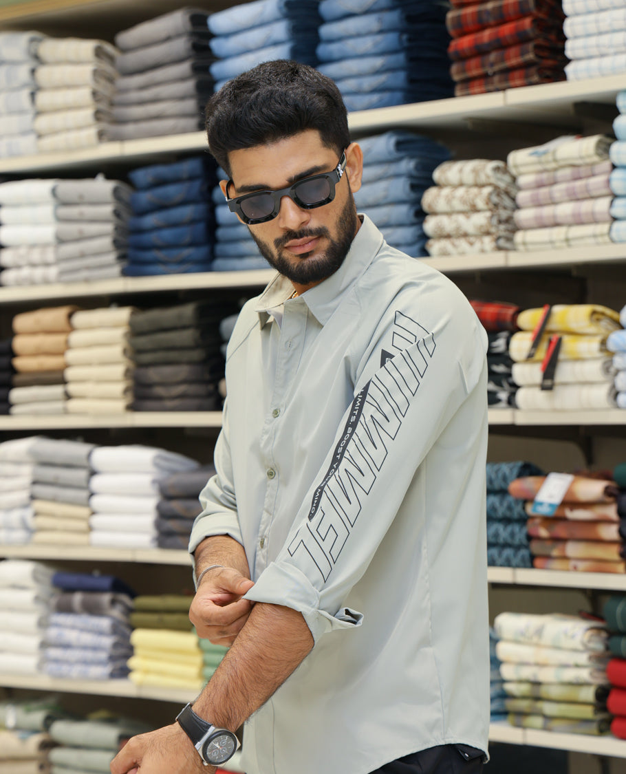 Light Green Cotton-Blended Casual Shirt Features Back Print, Full Sleeves, Spread Collar, Regular Fit and Regular Length
