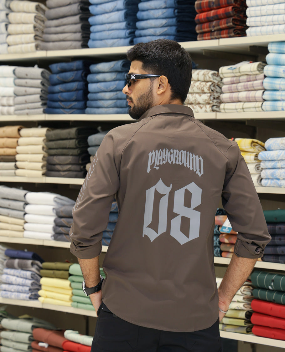 Dark Grey Cotton-Blended Casual Shirt Features Back Print, Full Sleeves, Spread Collar, Regular Fit and Regular Length
