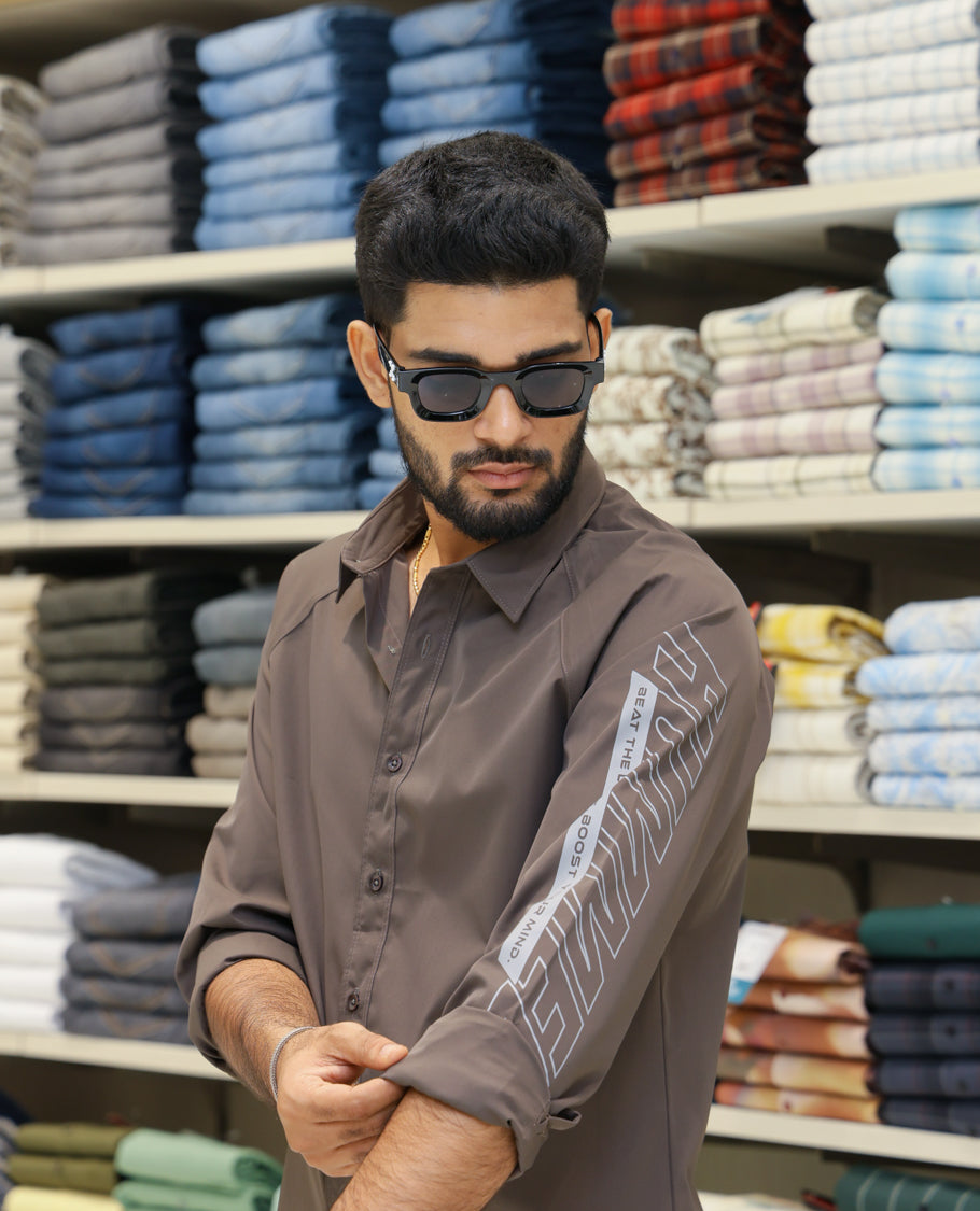 Dark Grey Cotton-Blended Casual Shirt Features Back Print, Full Sleeves, Spread Collar, Regular Fit and Regular Length