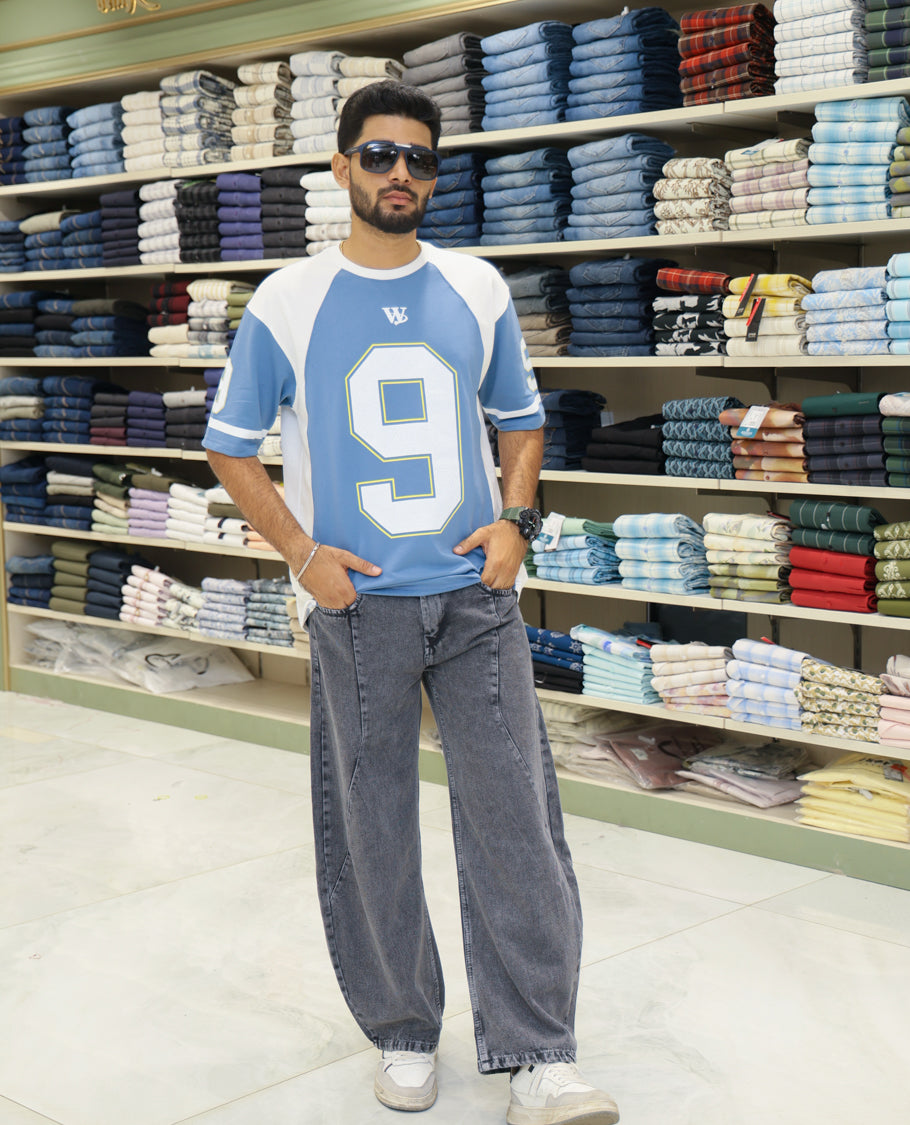 Blue Cotton-Blended Oversized Printed Jersey-Style T-shirt Comes with Half-Sleeves, Round Neck, and Regular Length