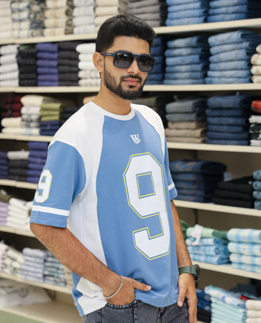 Blue Cotton-Blended Oversized Printed Jersey-Style T-shirt Comes with Half-Sleeves, Round Neck, and Regular Length