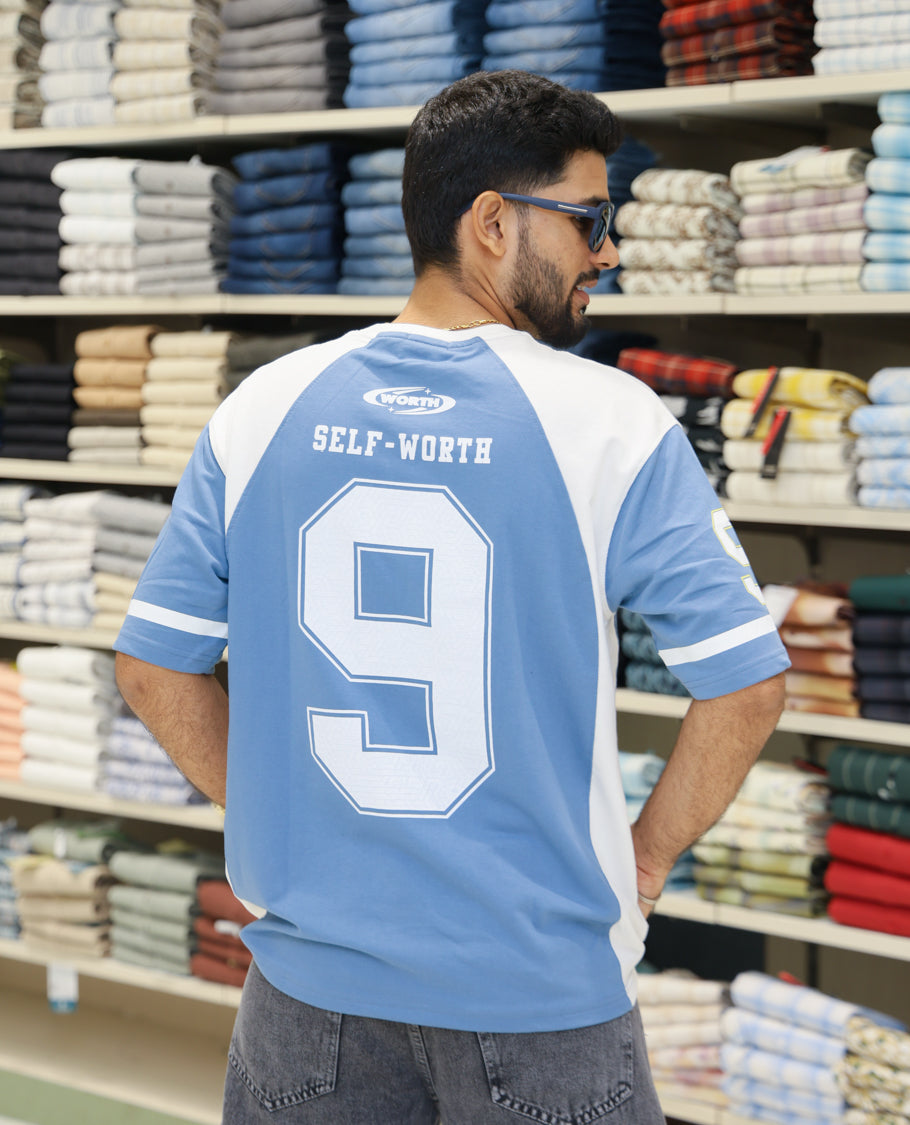 Blue Cotton-Blended Oversized Printed Jersey-Style T-shirt Comes with Half-Sleeves, Round Neck, and Regular Length
