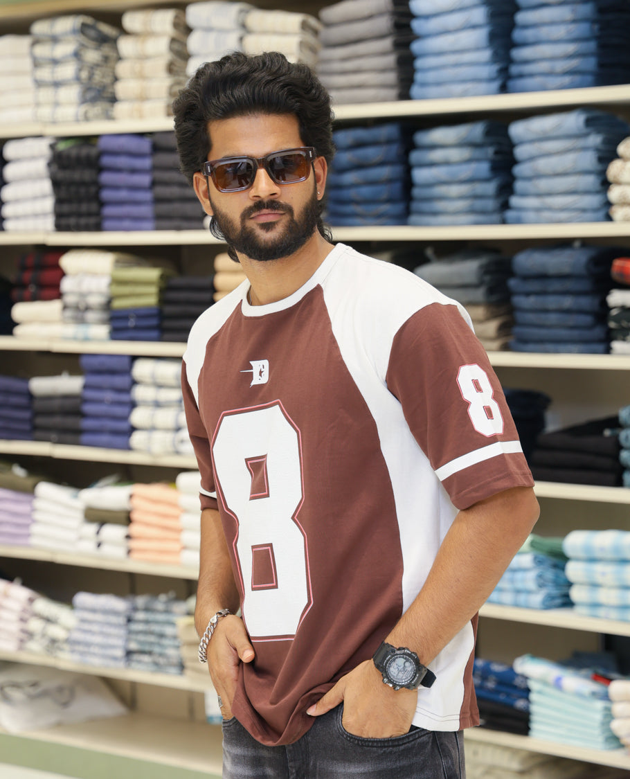 Brown Cotton-Blended Oversized Printed Jersey-Style T-shirt Comes with Half-Sleeves, Round Neck, and Regular Length