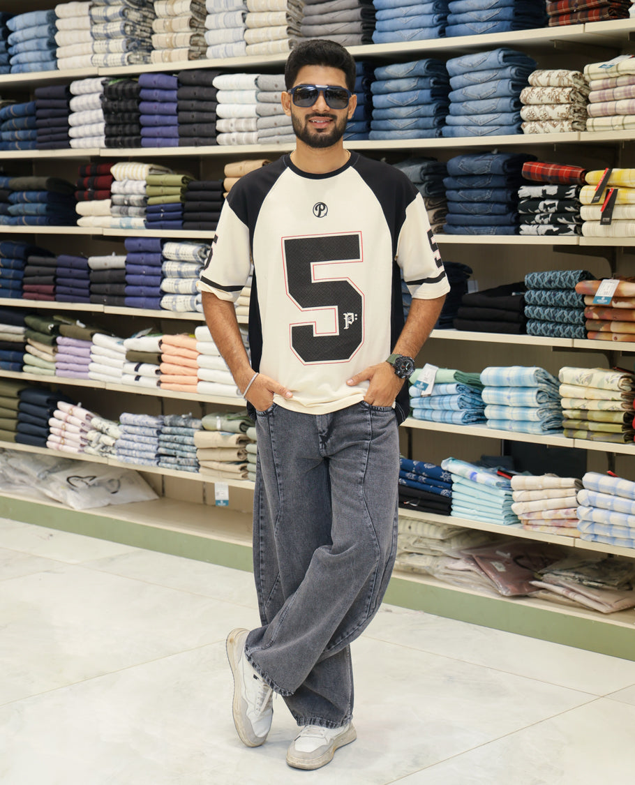 Cream Cotton-Blended Oversized Printed Jersey-Style T-shirt Comes with Half-Sleeves, Round Neck, and Regular Length