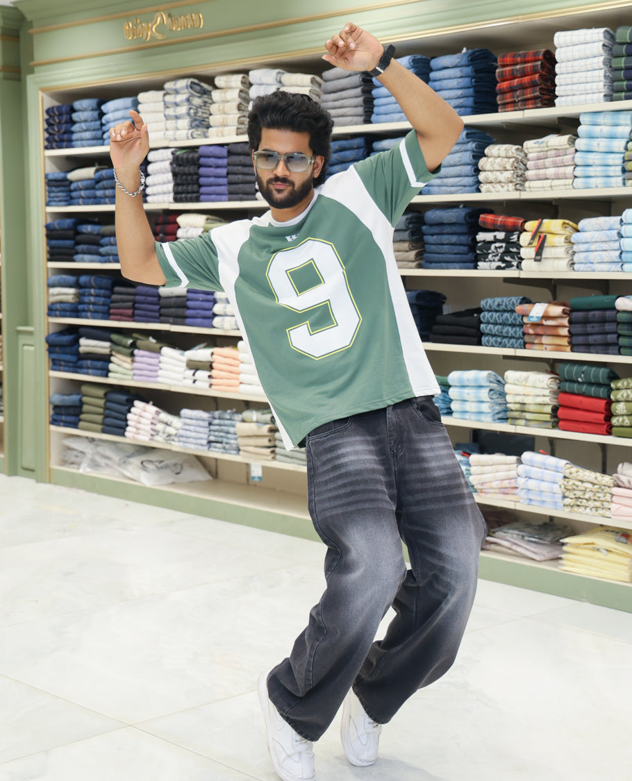 Green Cotton-Blended Oversized Printed Jersey-Style T-shirt Comes with Half-Sleeves, Round Neck, and Regular Length