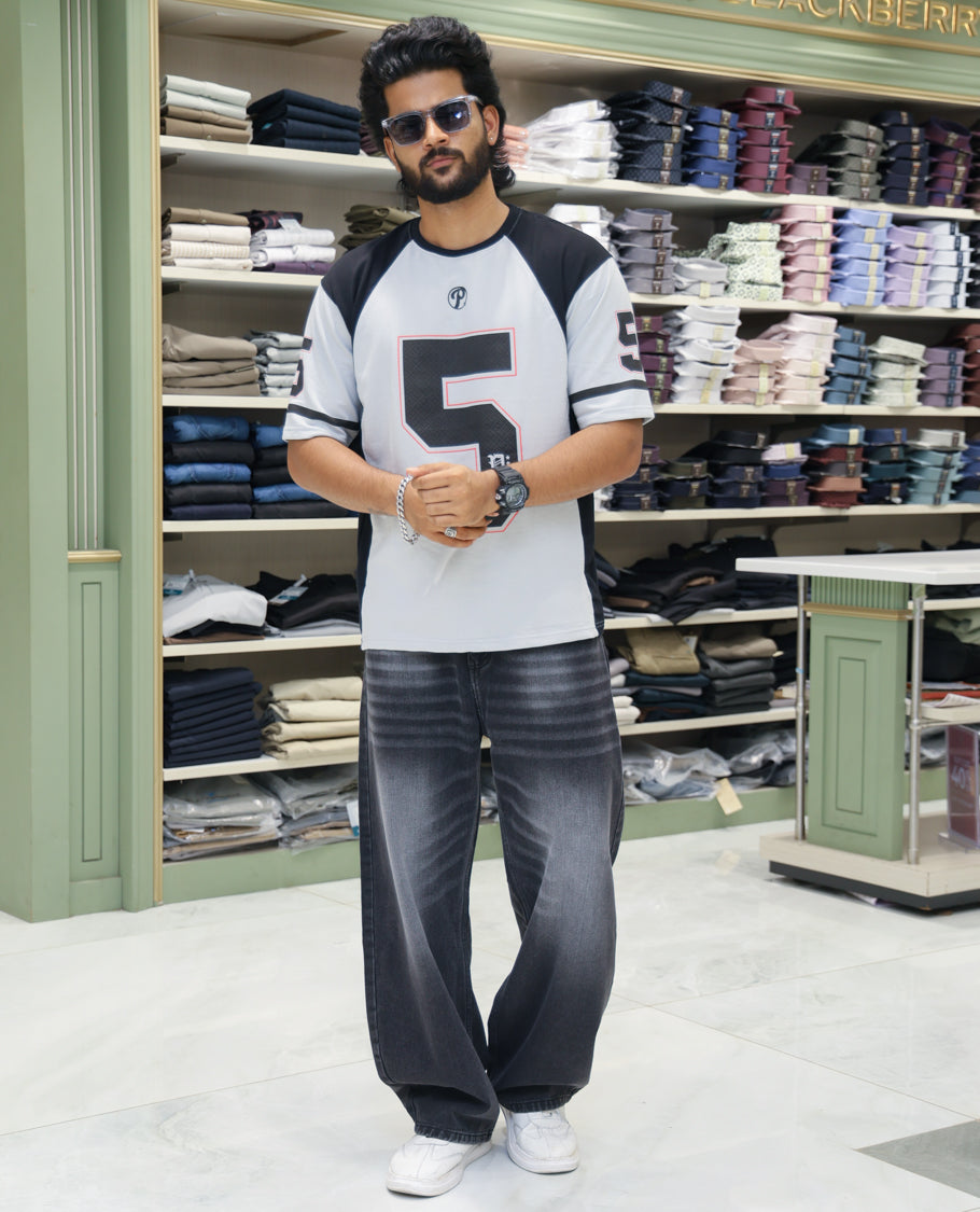 Grey Cotton-Blended Oversized Printed Jersey-Style T-shirt Comes with Half-Sleeves, Round Neck, and Regular Length