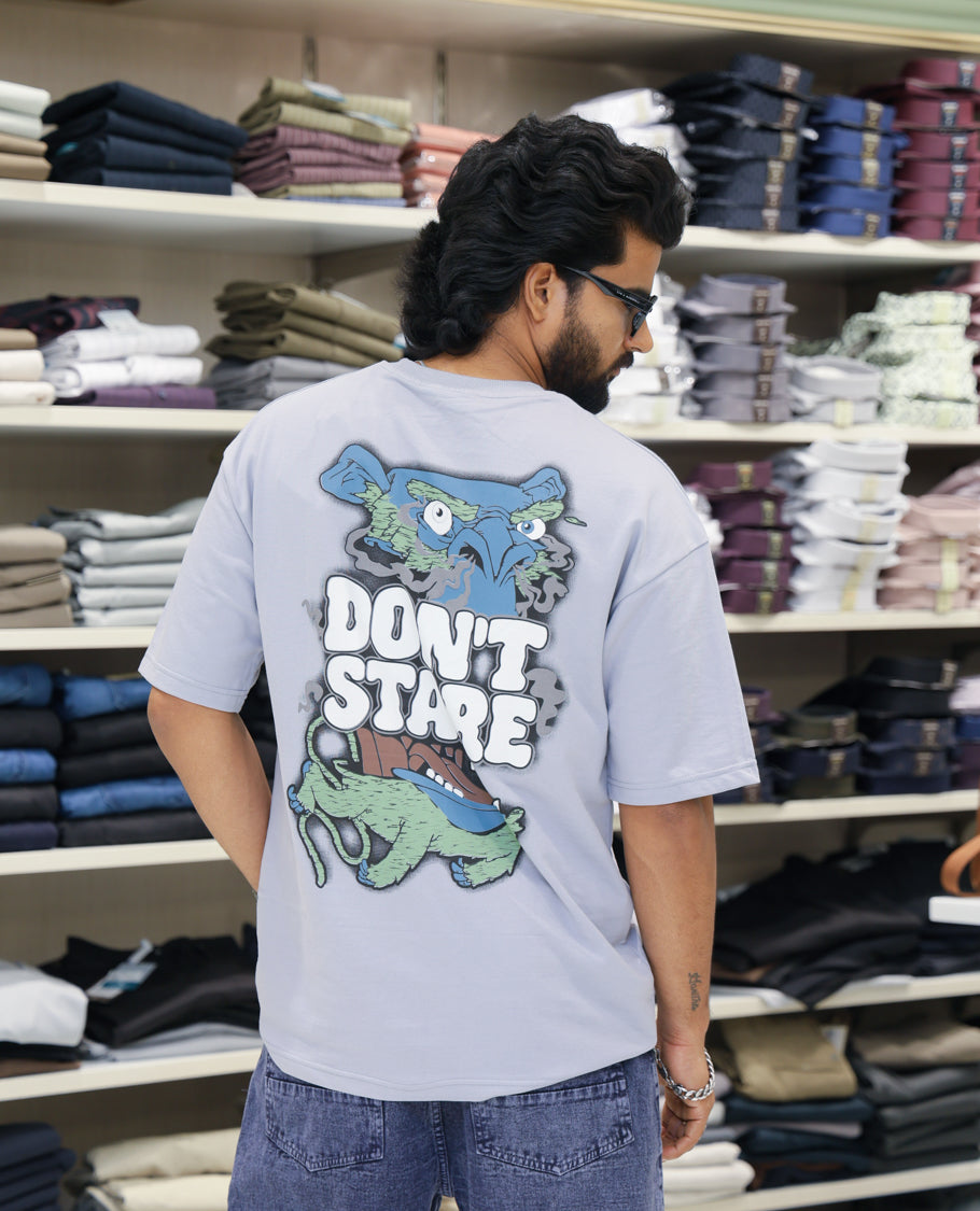Grey Cotton-Blended T-shirt Features Funky and Bold Motifs Print, Half-Sleeves, Oversized Fit, Round Neck, and Regular Length