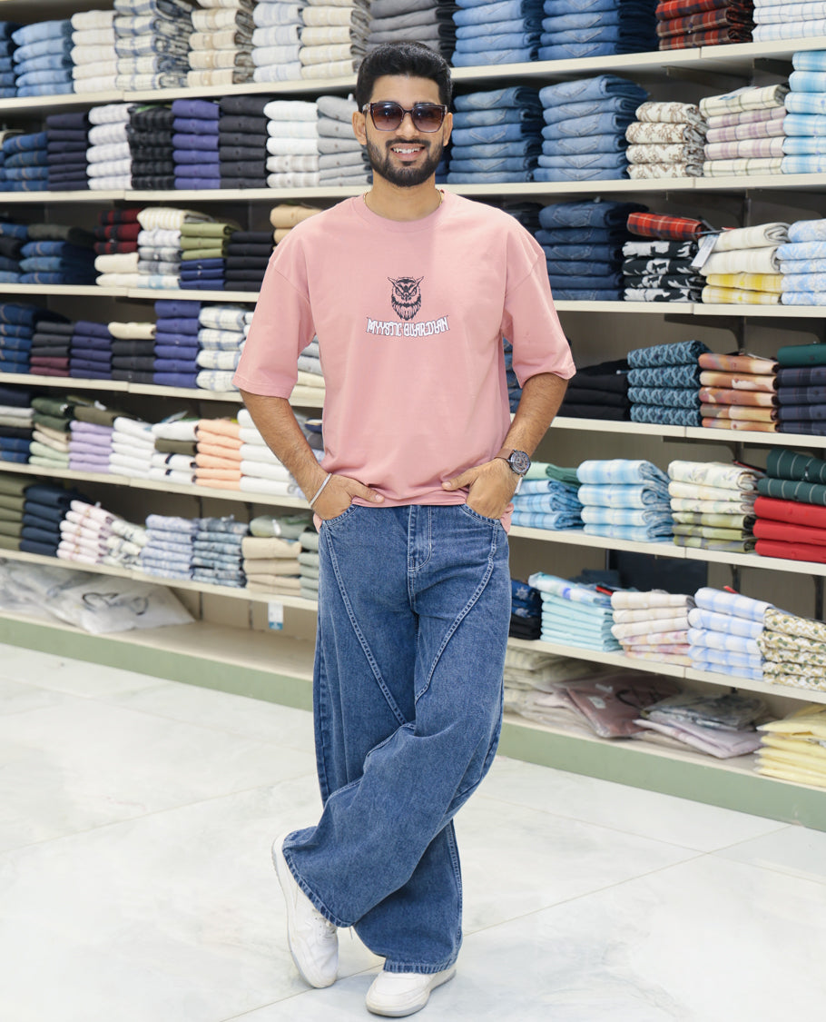 Pink Cotton-Blended T-shirt Features Funky and Bold Motifs Print, Half-Sleeves, Oversized Fit, Round Neck, and Regular Length
