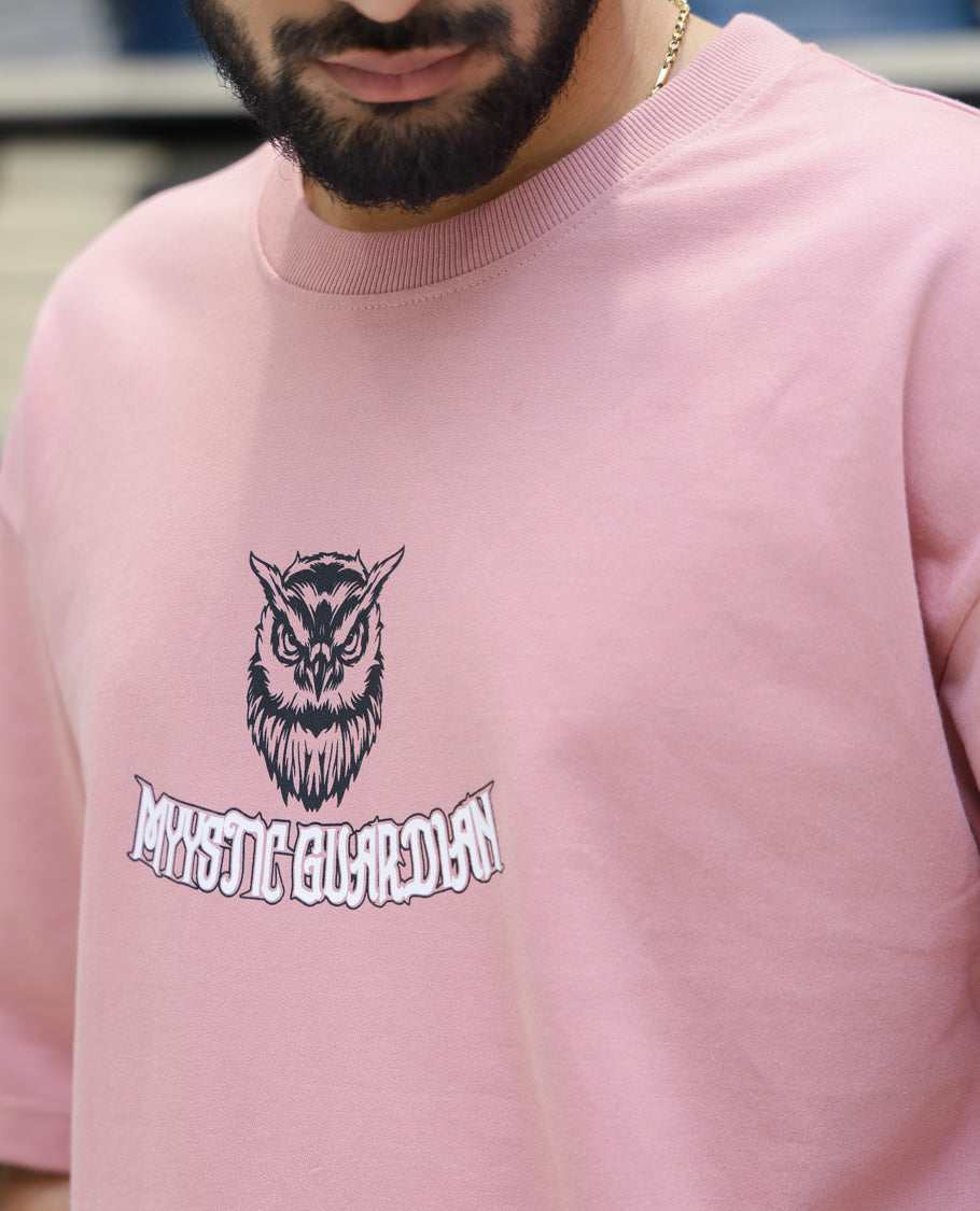 Pink Cotton-Blended T-shirt Features Funky and Bold Motifs Print, Half-Sleeves, Oversized Fit, Round Neck, and Regular Length