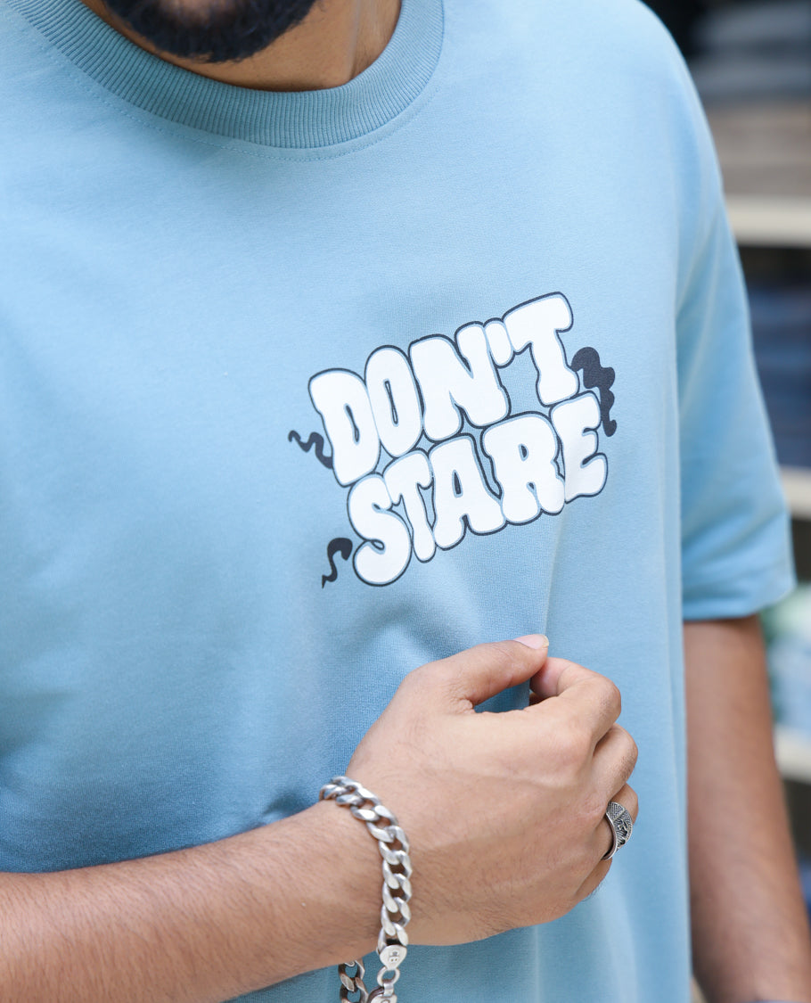 Teal Cotton-Blended T-shirt Features Funky and Bold Motifs Print, Half-Sleeves, Oversized Fit, Round Neck, and Regular Length
