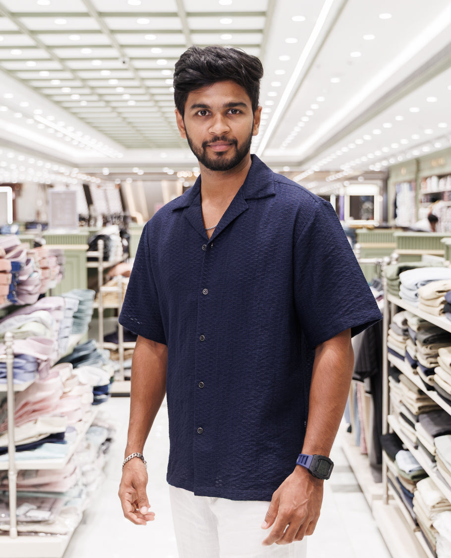 Navy Blue Poly-Blended Casual Shirt